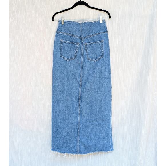 FRAME Blue Sea Cut Off Waist Denim Front Slit A-line Midi Maxi Skirt - Picture 2 of 11